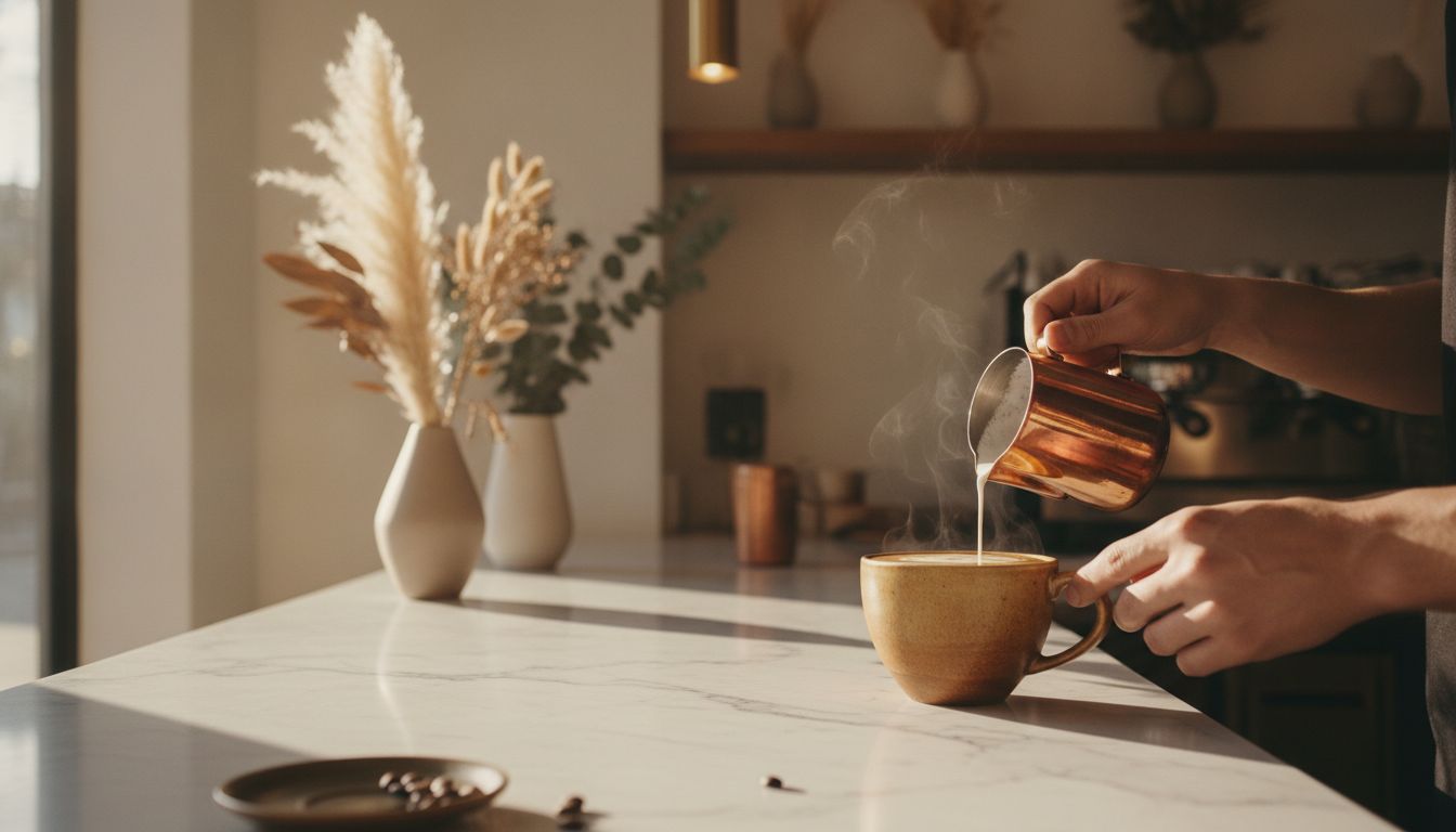 Editorial hero image of artisan coffee preparation in warm café setting