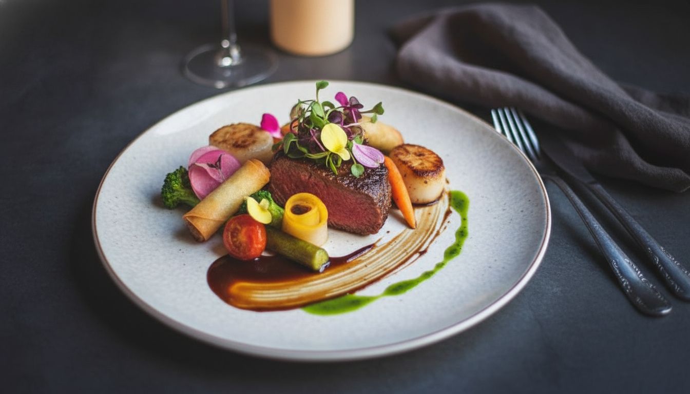 Editorial photograph of exquisitely plated modern cuisine