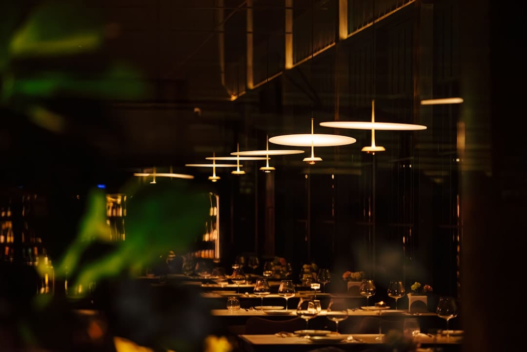 Modern restaurant interior with warm ambient lighting